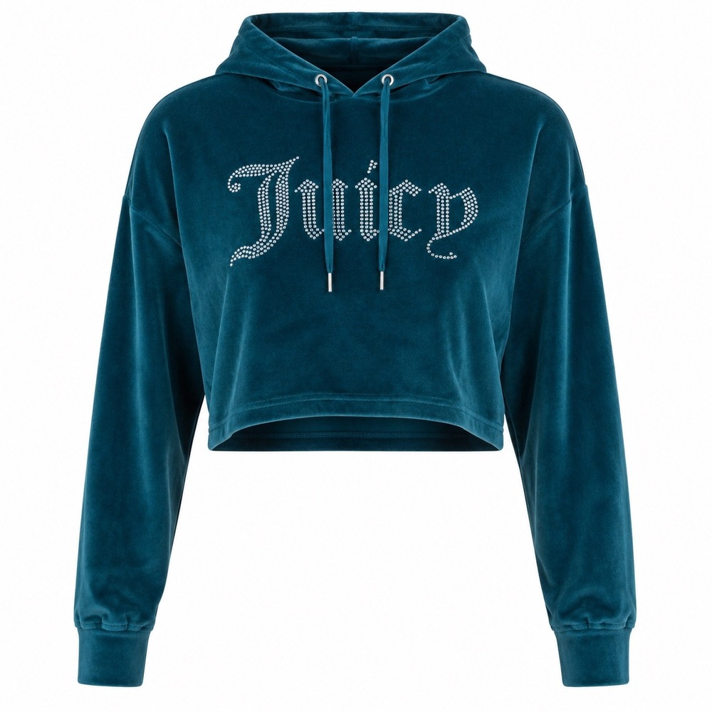 Juicy Couture Velour Cropped Hoodie Women L Blue Rhinestone Logo Y2K McBling